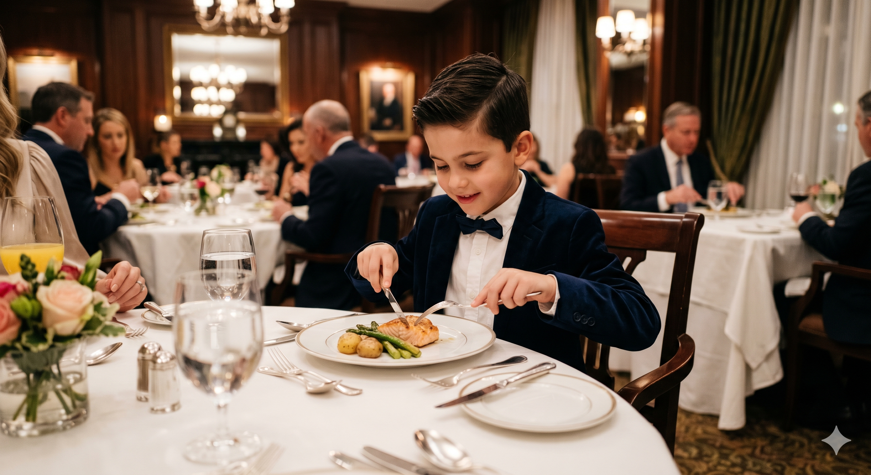 Child practicing fine dining etiquette